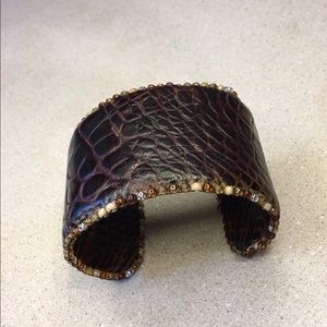 Alligator leather cuff bracelet bordered in glass beads